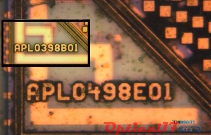 显微镜下，Apple A5芯片上的型号标识APL0498E01，字体和Apple A4非常类似，这也是它仍为三星制造的证据之一。