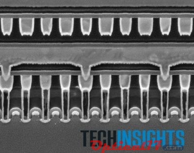 电子扫描显微镜下的Apple A5截面SRAM晶体管